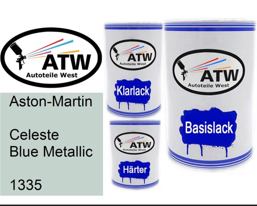 Aston-Martin, Celeste Blue Metallic, 1335: 500ml Lackdose + 500ml Klarlack + 250ml Härter - Set, von ATW Autoteile West.